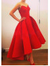 Red Satin High Low Pleated Evening Dress 